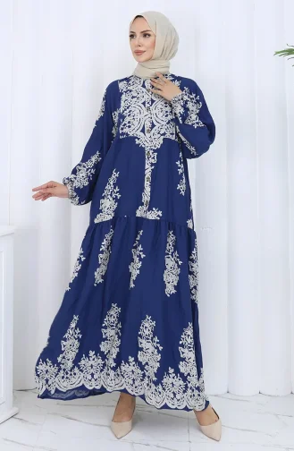 Viskon Kumaş Yarım Düğmeli Elbise 2117-01 Lacivert