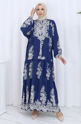 Viskon Kumaş Yarım Düğmeli Elbise 2117-01 Lacivert