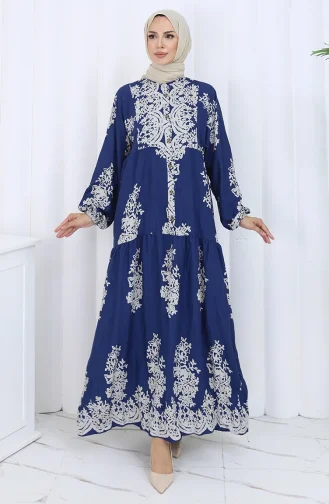 Viskon Kumaş Yarım Düğmeli Elbise 2117-01 Lacivert