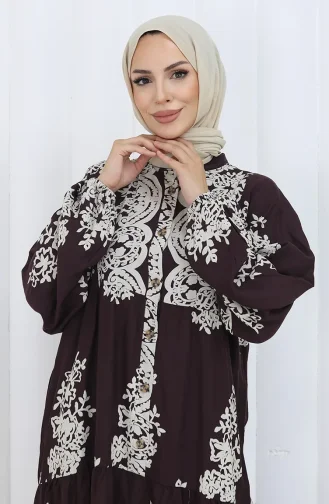 Viskon Kumaş Yarım Düğmeli Elbise 2117-02 Kahverengi