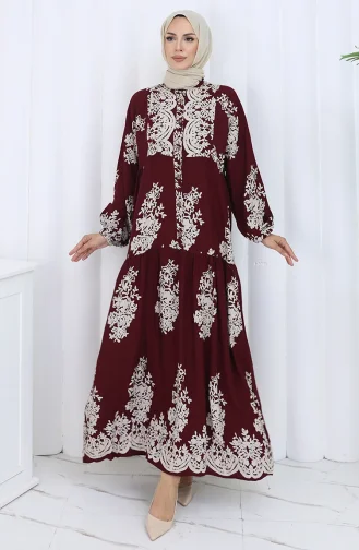 Viskon Kumaş Yarım Düğmeli Elbise 2117-03 Bordo