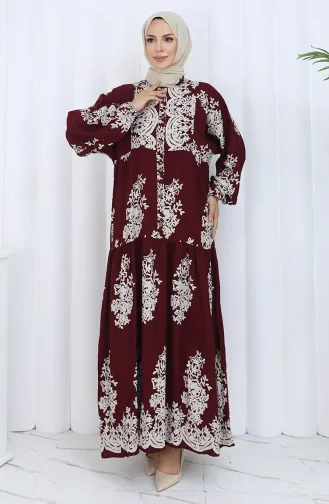 Viskon Kumaş Yarım Düğmeli Elbise 2117-03 Bordo