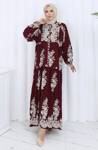 Viskon Kumaş Yarım Düğmeli Elbise 2117-03 Bordo