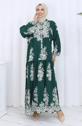 Viskon Kumaş Yarım Düğmeli Elbise 2117-05 Zümrüt Yeşili