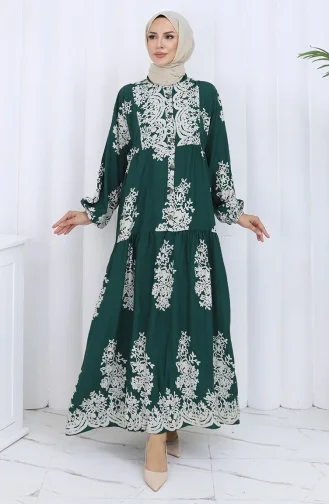 Viskon Kumaş Yarım Düğmeli Elbise 2117-05 Zümrüt Yeşili