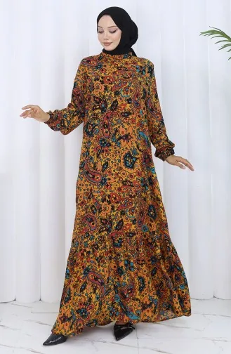 Gemustertes Kleid Mit Elastischen Ärmeln 2120-02 Senffarben 2120-02