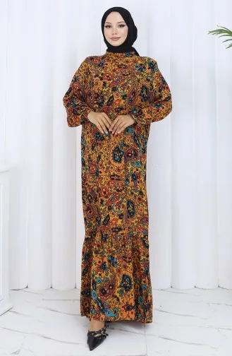 Gemustertes Kleid Mit Elastischen Ärmeln 2120-02 Senffarben 2120-02