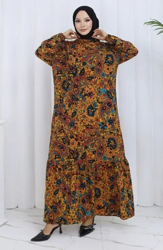 Gemustertes Kleid Mit Elastischen Ärmeln 2120-02 Senffarben 2120-02