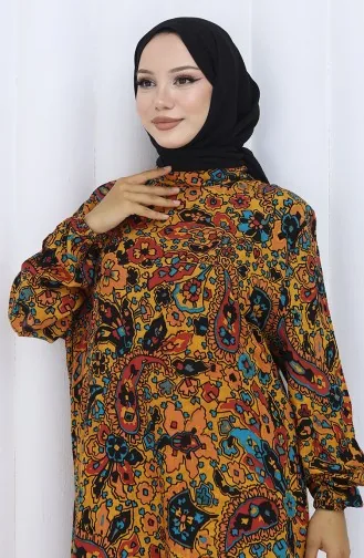 Gemustertes Kleid Mit Elastischen Ärmeln 2120-02 Senffarben 2120-02