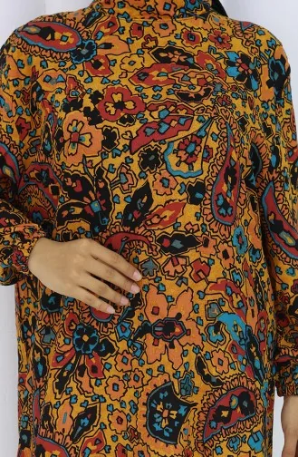 Gemustertes Kleid Mit Elastischen Ärmeln 2120-02 Senffarben 2120-02