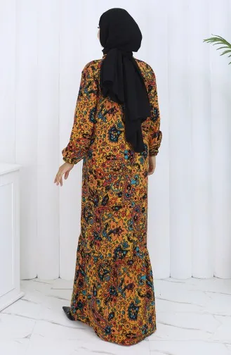 Gemustertes Kleid Mit Elastischen Ärmeln 2120-02 Senffarben 2120-02