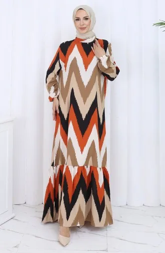 Robe à Motifs Avec Manches élastiques 2121-01 Noir Brique 2121-01