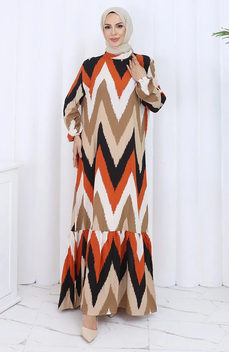 Robe à Motifs Avec Manches élastiques 2121-01 Noir Brique 2121-01