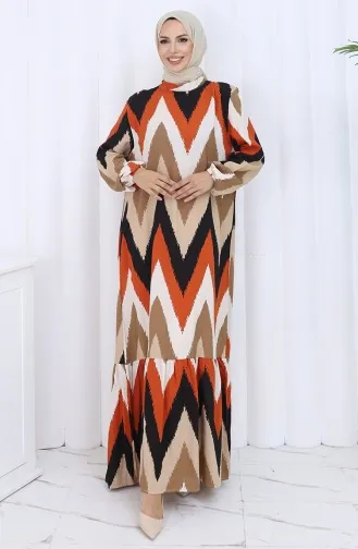 Robe à Motifs Avec Manches élastiques 2121-01 Noir Brique 2121-01