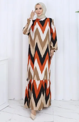 Robe à Motifs Avec Manches élastiques 2121-01 Noir Brique 2121-01