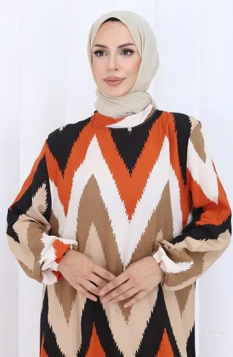 Robe à Motifs Avec Manches élastiques 2121-01 Noir Brique 2121-01