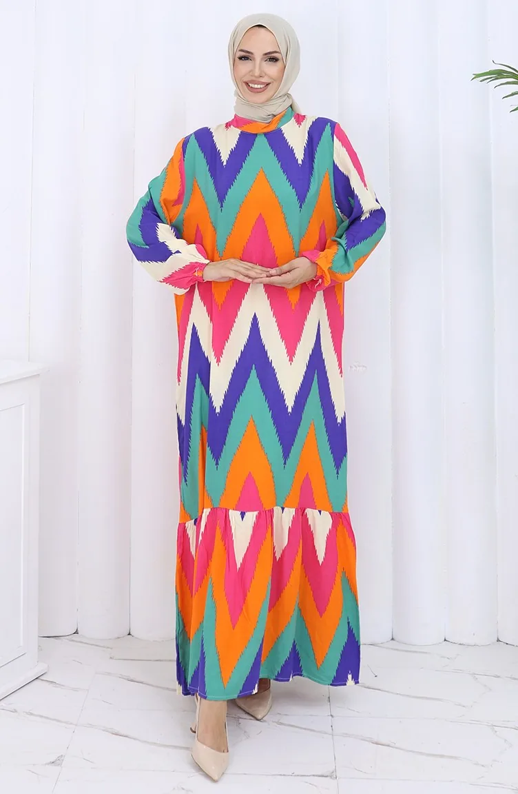 Gemustertes Kleid Mit Elastischen Ärmeln 2121-02 Fuchsia Orange 2121-02