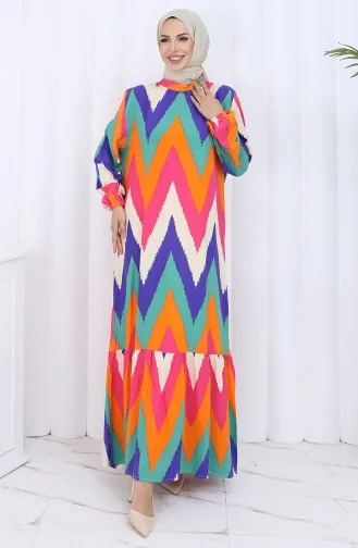 Gemustertes Kleid Mit Elastischen Ärmeln 2121-02 Fuchsia Orange 2121-02