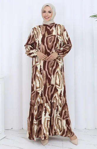 Robe à Motifs à Manches élastiques 2122-01 Marron Beige 2122-01