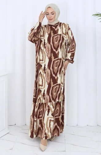 Robe à Motifs à Manches élastiques 2122-01 Marron Beige 2122-01
