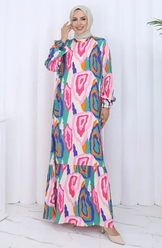 فستان منقوش بأكمام مرنة 2122-02 من فرو المنك الأخضر 2122-02