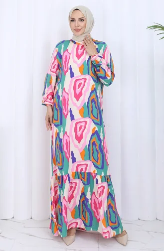 فستان منقوش بأكمام مرنة 2122-02 من فرو المنك الأخضر 2122-02