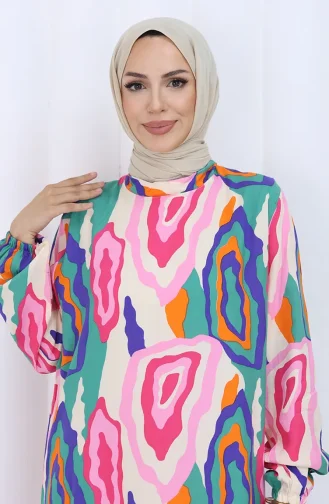 فستان منقوش بأكمام مرنة 2122-02 من فرو المنك الأخضر 2122-02