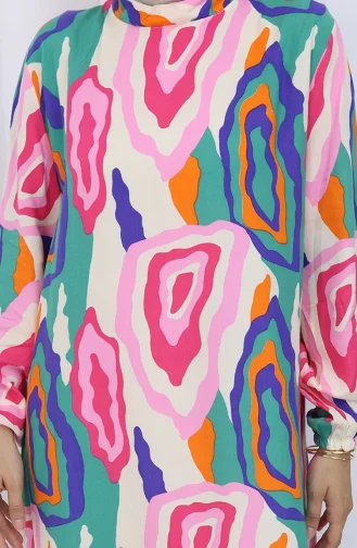 فستان منقوش بأكمام مرنة 2122-02 من فرو المنك الأخضر 2122-02