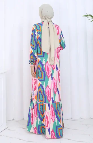 فستان منقوش بأكمام مرنة 2122-02 من فرو المنك الأخضر 2122-02