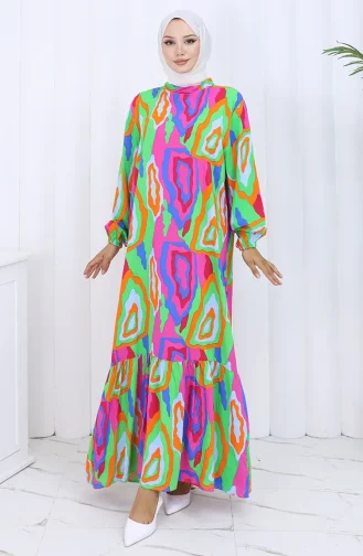 فستان منقوش بأكمام مرنة 2122-03 برتقالي فوشيا 2122-03