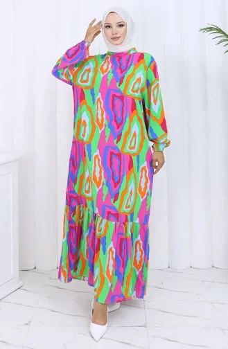 فستان منقوش بأكمام مرنة 2122-03 برتقالي فوشيا 2122-03