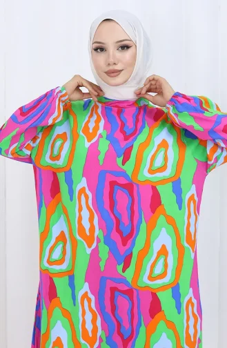 فستان منقوش بأكمام مرنة 2122-03 برتقالي فوشيا 2122-03