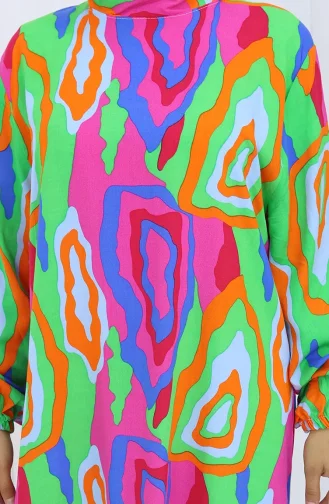 فستان منقوش بأكمام مرنة 2122-03 برتقالي فوشيا 2122-03