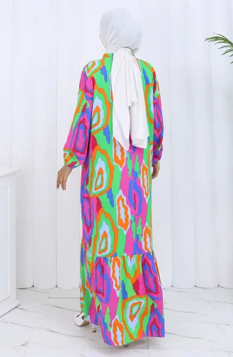 فستان منقوش بأكمام مرنة 2122-03 برتقالي فوشيا 2122-03