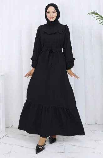 Jurk Met Gerimpelde Kraag En Riem 2123-01 Zwart 2123-01