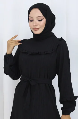 Jurk Met Gerimpelde Kraag En Riem 2123-01 Zwart 2123-01