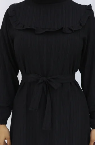 Jurk Met Gerimpelde Kraag En Riem 2123-01 Zwart 2123-01