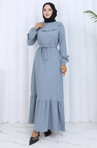 Jurk Met Gerimpelde Kraag En Riem 2123-03 Grijs 2123-03