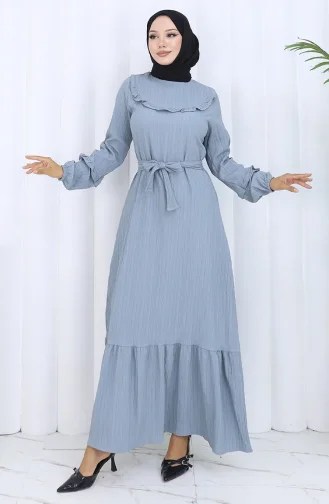 Jurk Met Gerimpelde Kraag En Riem 2123-03 Grijs 2123-03