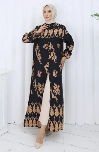 Desenli Düğmeli Elbise 2125-01 Siyah Bej