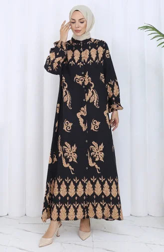 Desenli Düğmeli Elbise 2125-01 Siyah Bej