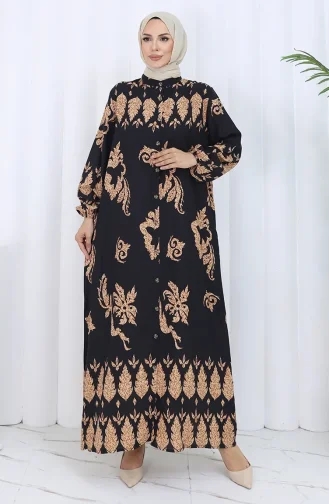 Desenli Düğmeli Elbise 2125-01 Siyah Bej