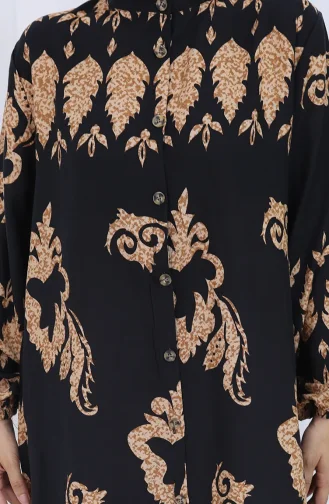 Desenli Düğmeli Elbise 2125-01 Siyah Bej