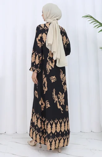 Desenli Düğmeli Elbise 2125-01 Siyah Bej