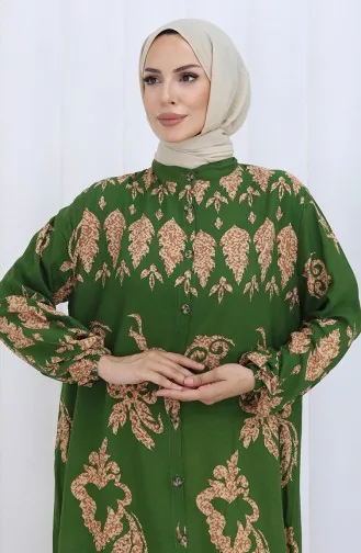 فستان منقوش بأزرار 2125-02 كاكي بيج 2125-02