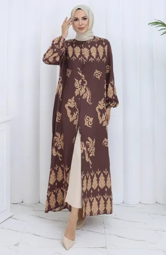Desenli Düğmeli Elbise 2125-03 Kahverengi Bej