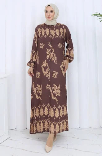 Desenli Düğmeli Elbise 2125-03 Kahverengi Bej