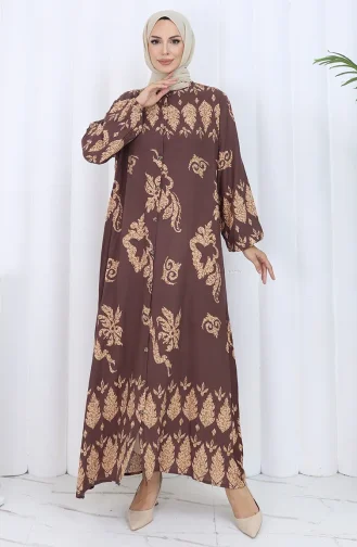 Desenli Düğmeli Elbise 2125-03 Kahverengi Bej