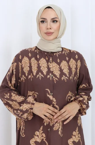 Desenli Düğmeli Elbise 2125-03 Kahverengi Bej