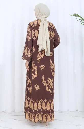 Desenli Düğmeli Elbise 2125-03 Kahverengi Bej